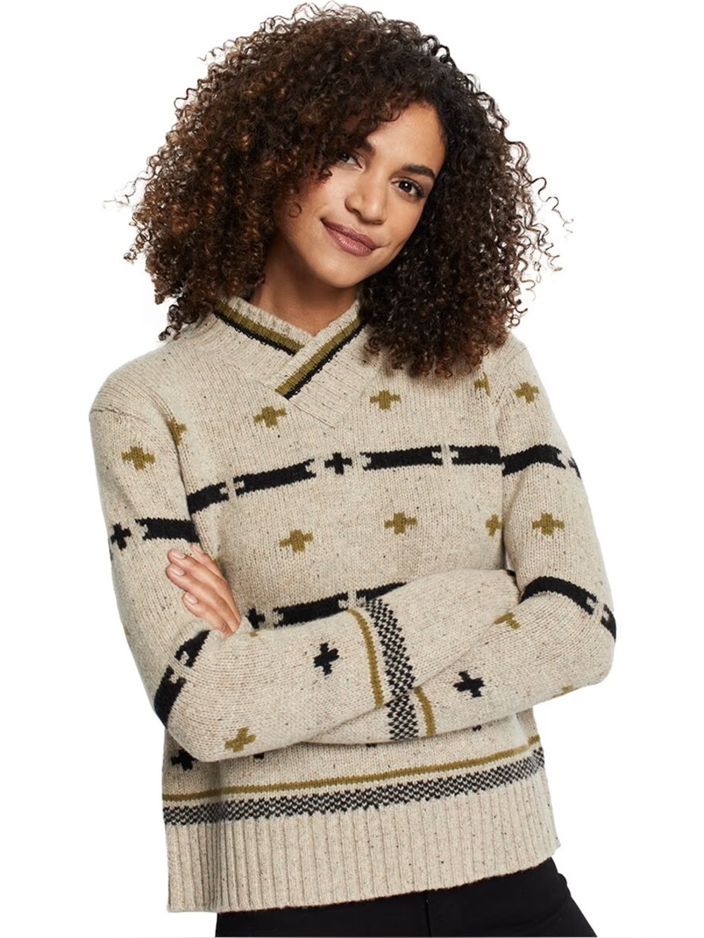 Pendleton Hallie Merino Wool Graphic Mock Neck Sweater Oatmeal Size L